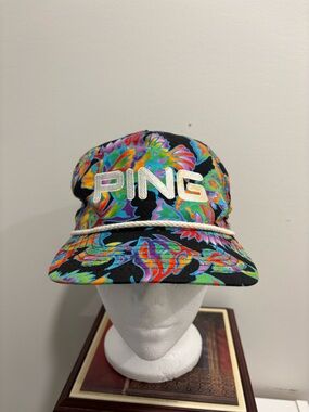 Vintage PING Black Multicolor fish pattern Rope-Trim Golf Cap